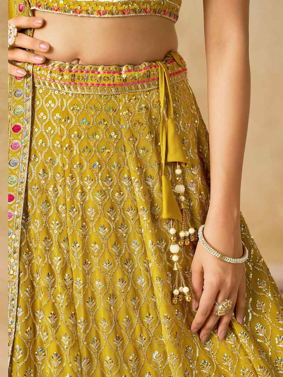 Yellow Georgette Embroidered Wedding Reception Festival Heavy Border Lehenga Choli