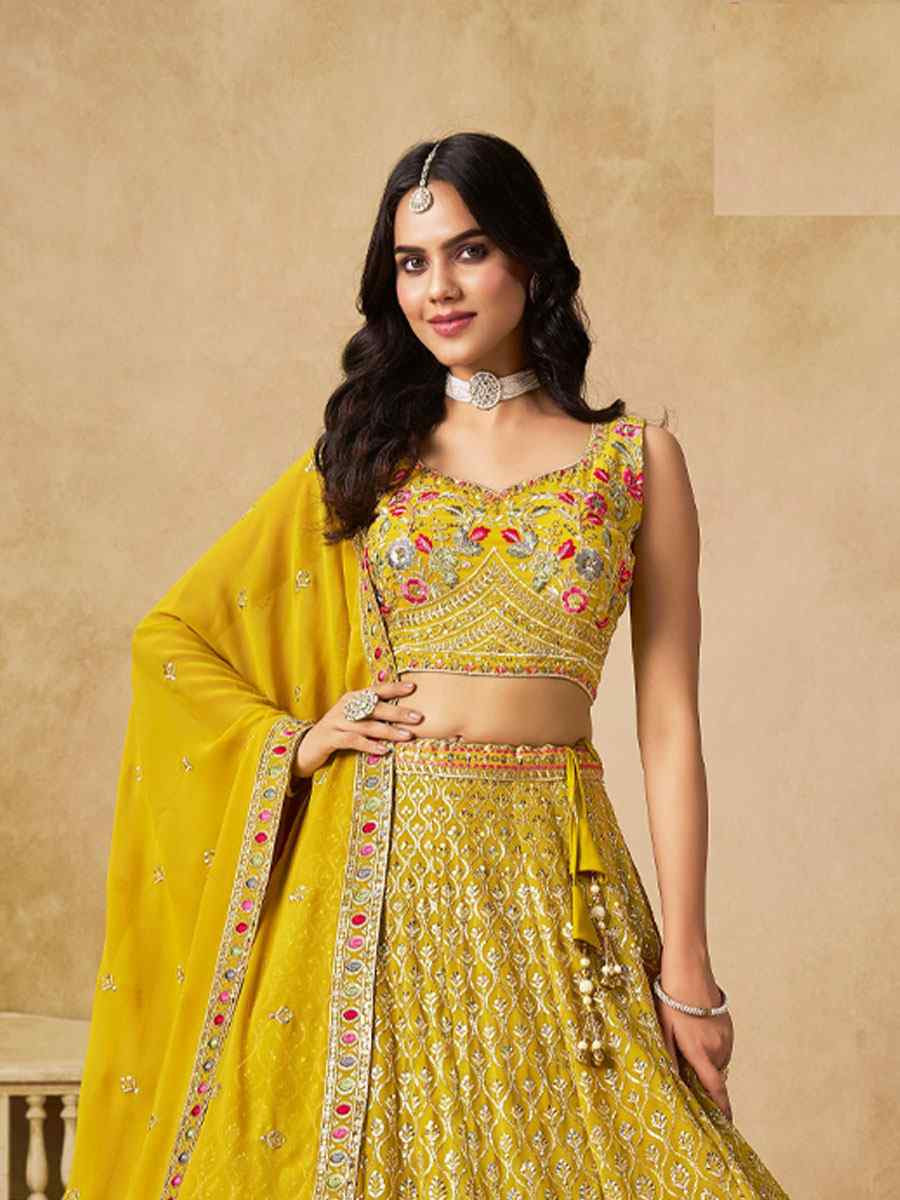 Yellow Georgette Embroidered Wedding Reception Festival Heavy Border Lehenga Choli