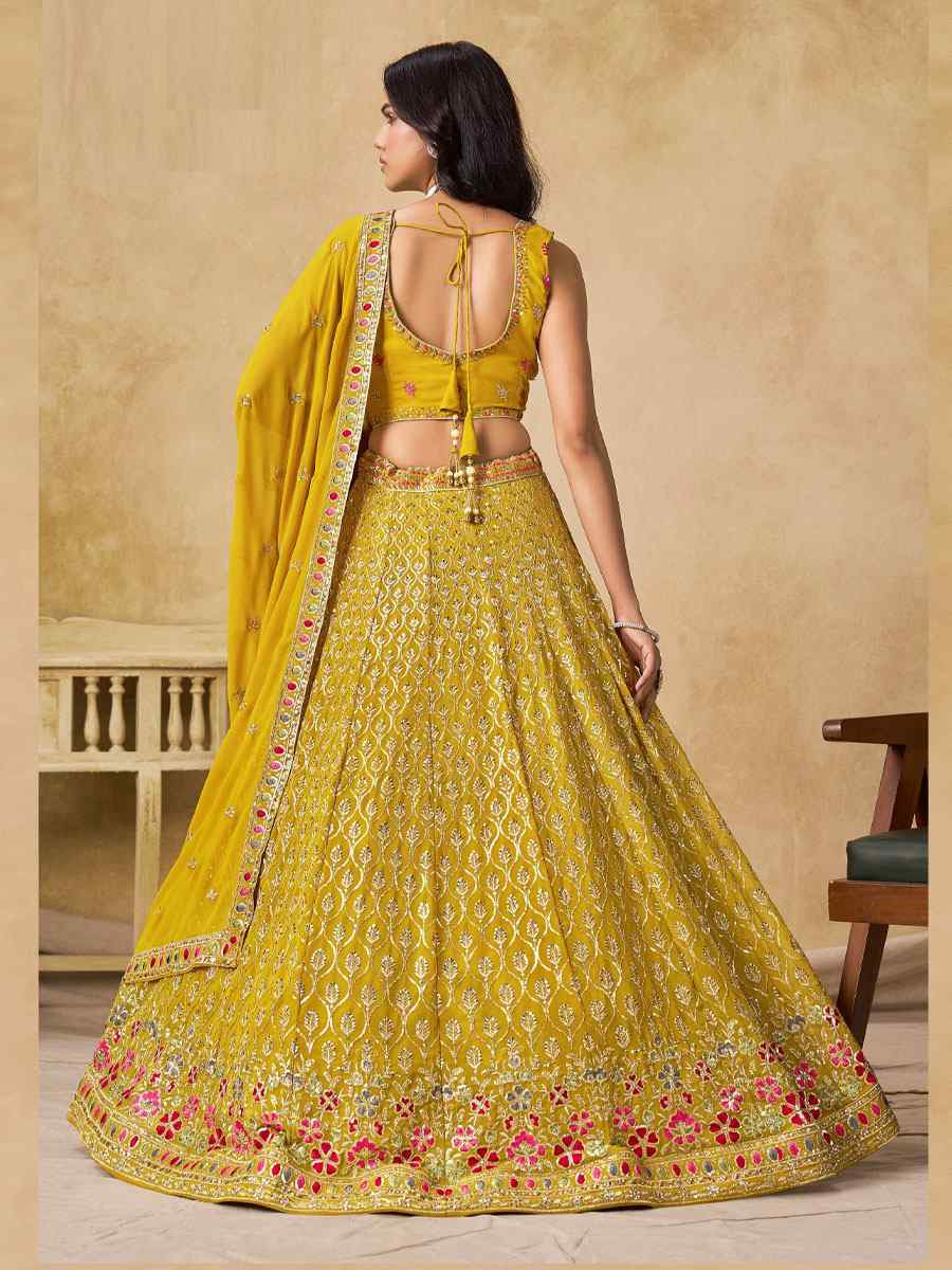 Yellow Georgette Embroidered Wedding Reception Festival Heavy Border Lehenga Choli