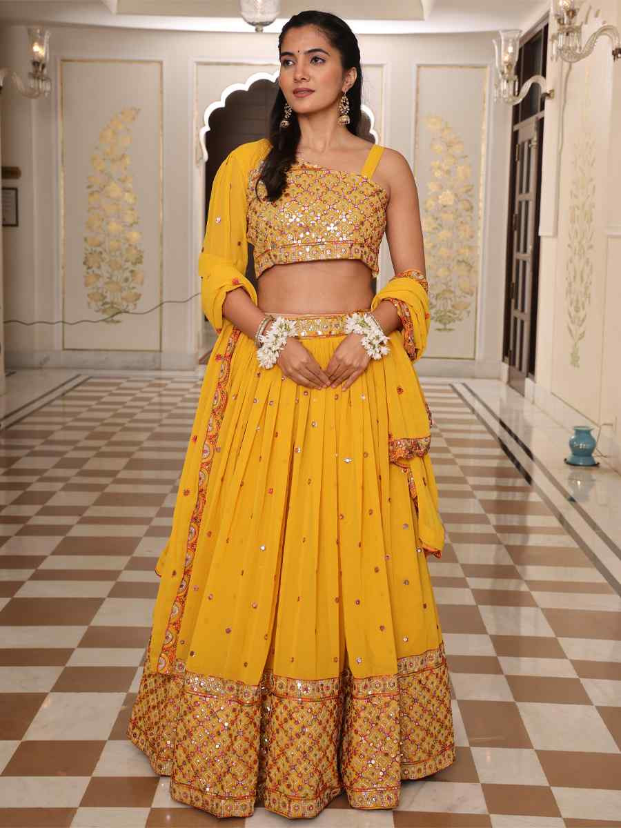Yellow Georgette Embroidered Wedding Reception Festival Heavy Border Lehenga Choli