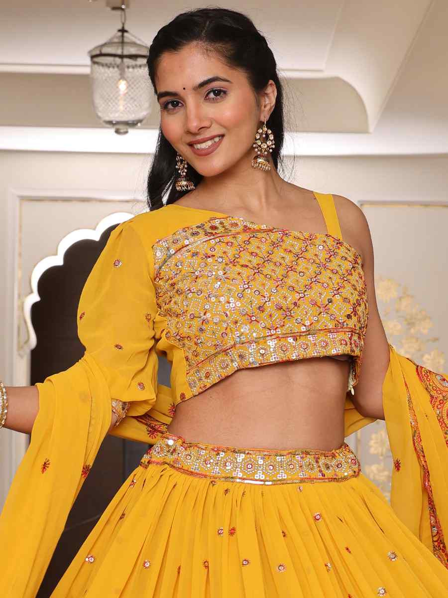 Yellow Georgette Embroidered Wedding Reception Festival Heavy Border Lehenga Choli