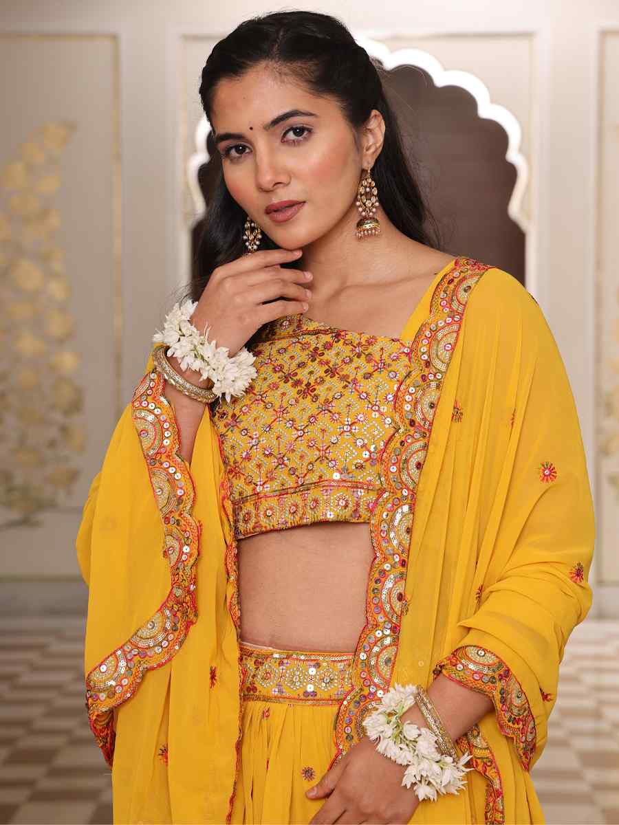 Yellow Georgette Embroidered Wedding Reception Festival Heavy Border Lehenga Choli