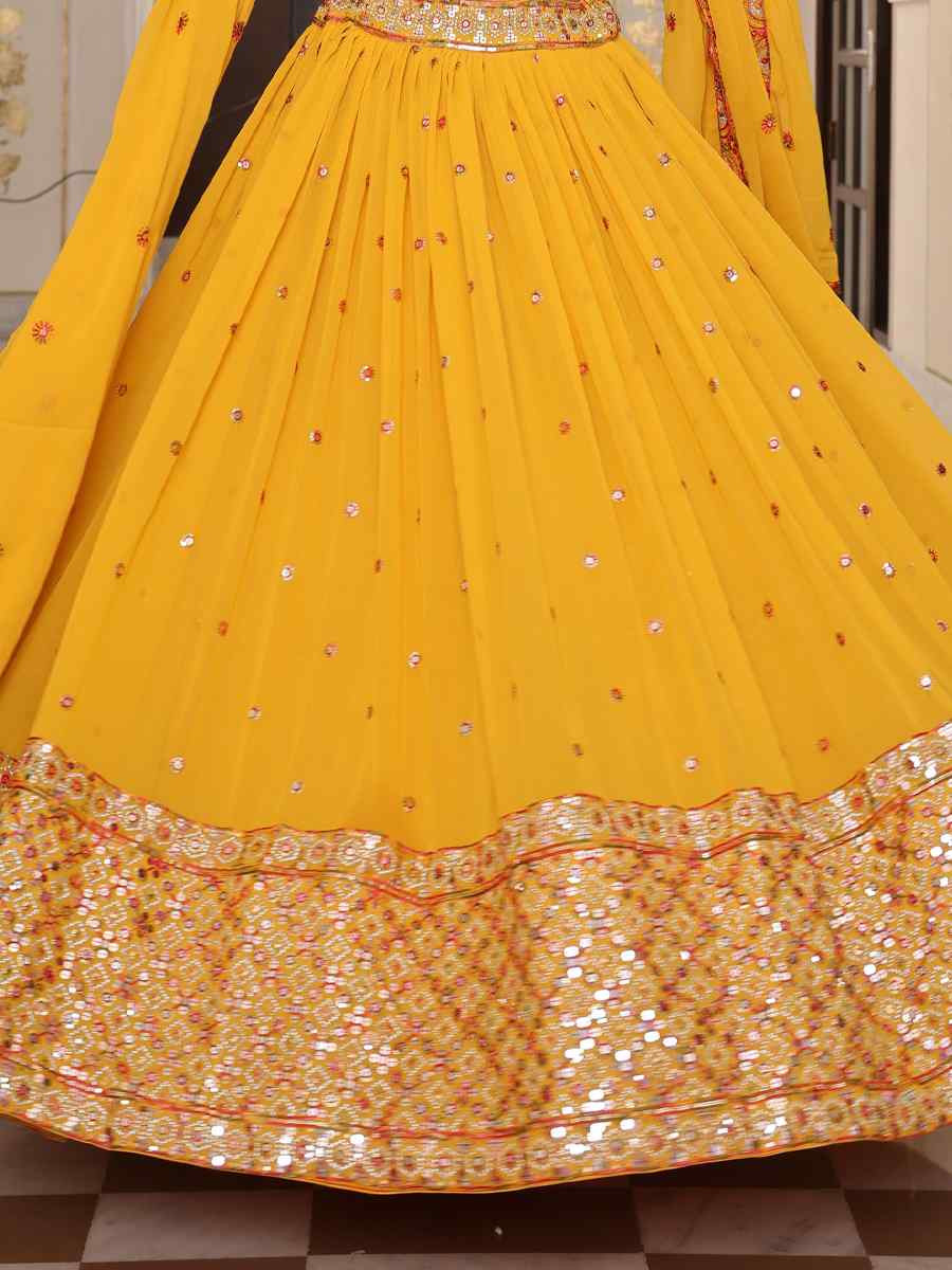 Yellow Georgette Embroidered Wedding Reception Festival Heavy Border Lehenga Choli