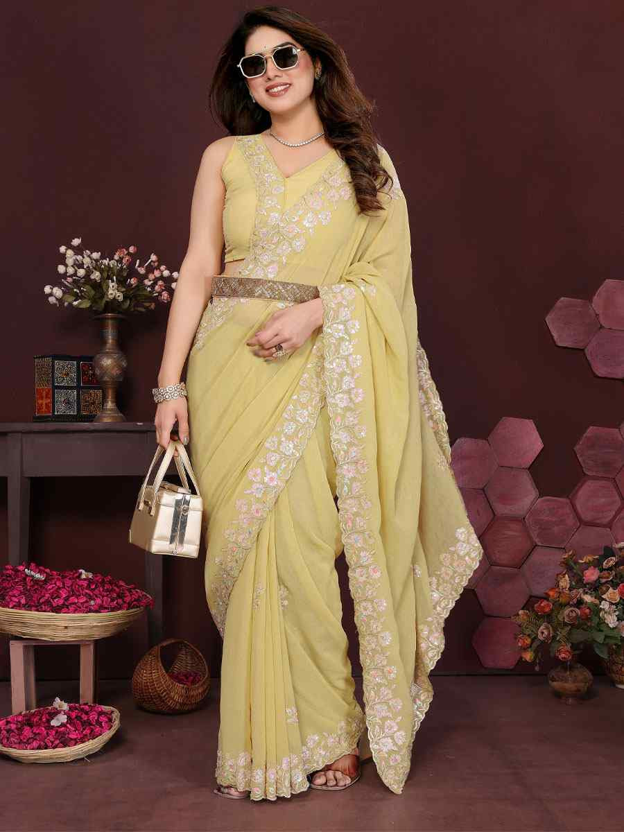 Yellow Georgette Embroidery Bridal Festival Wedding Traditional Fancy Heavy Border Sarees