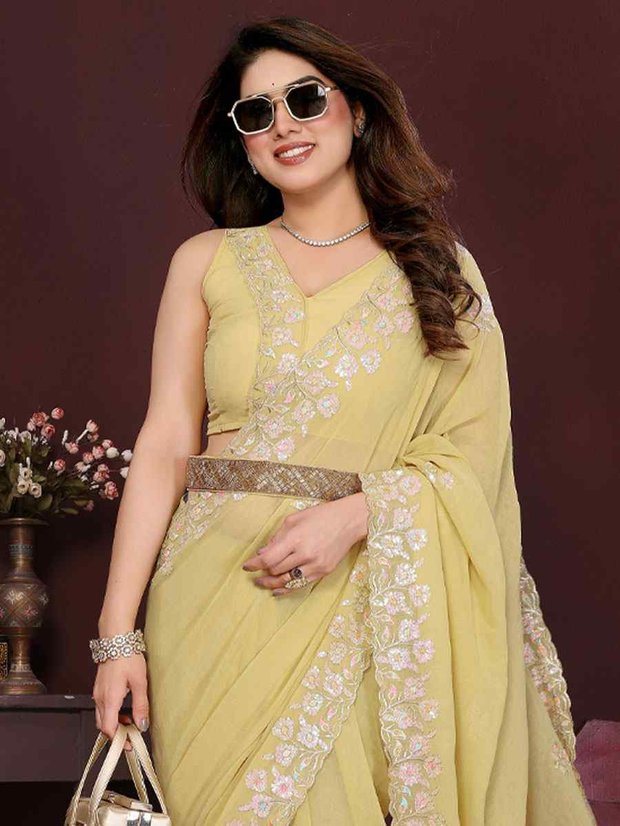 Yellow Georgette Embroidery Bridal Festival Wedding Traditional Fancy Heavy Border Sarees