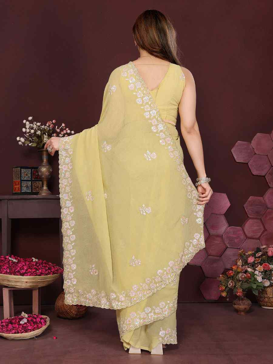 Yellow Georgette Embroidery Bridal Festival Wedding Traditional Fancy Heavy Border Sarees