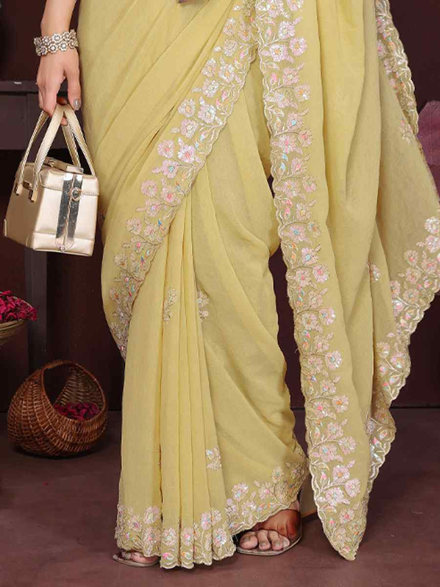 Yellow Georgette Embroidery Bridal Festival Wedding Traditional Fancy Heavy Border Sarees
