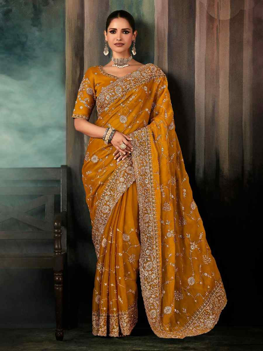 Yellow Georgette Embroidery Bridal Reception Festival Wedding Fancy Heavy Border Saree
