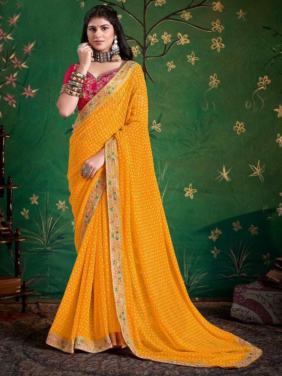 Yellow Georgette Embroidery Bridal Reception Festival Wedding Fancy Heavy Border Saree