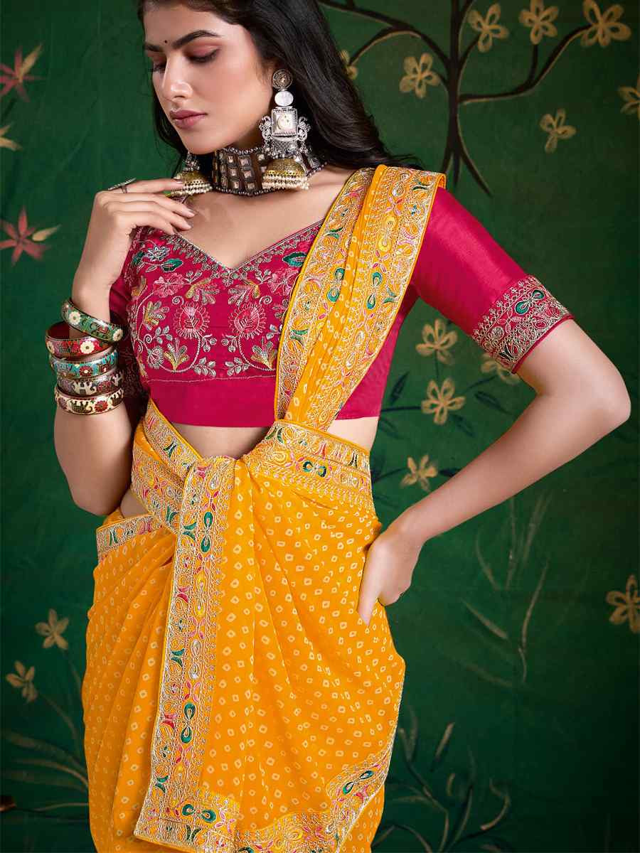 Yellow Georgette Embroidery Bridal Reception Festival Wedding Fancy Heavy Border Saree