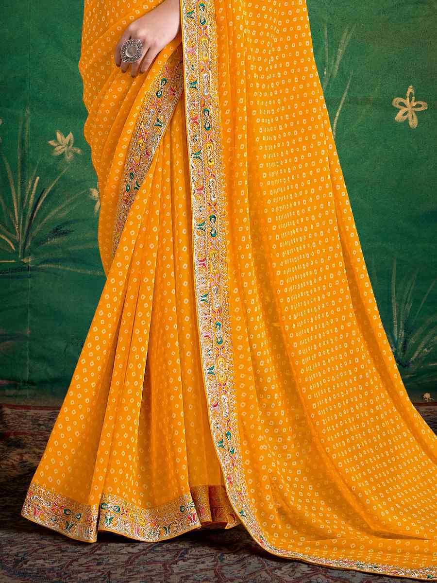Yellow Georgette Embroidery Bridal Reception Festival Wedding Fancy Heavy Border Saree