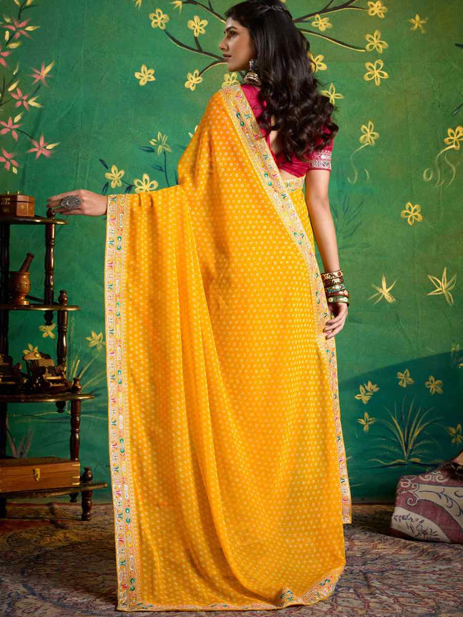 Yellow Georgette Embroidery Bridal Reception Festival Wedding Fancy Heavy Border Saree