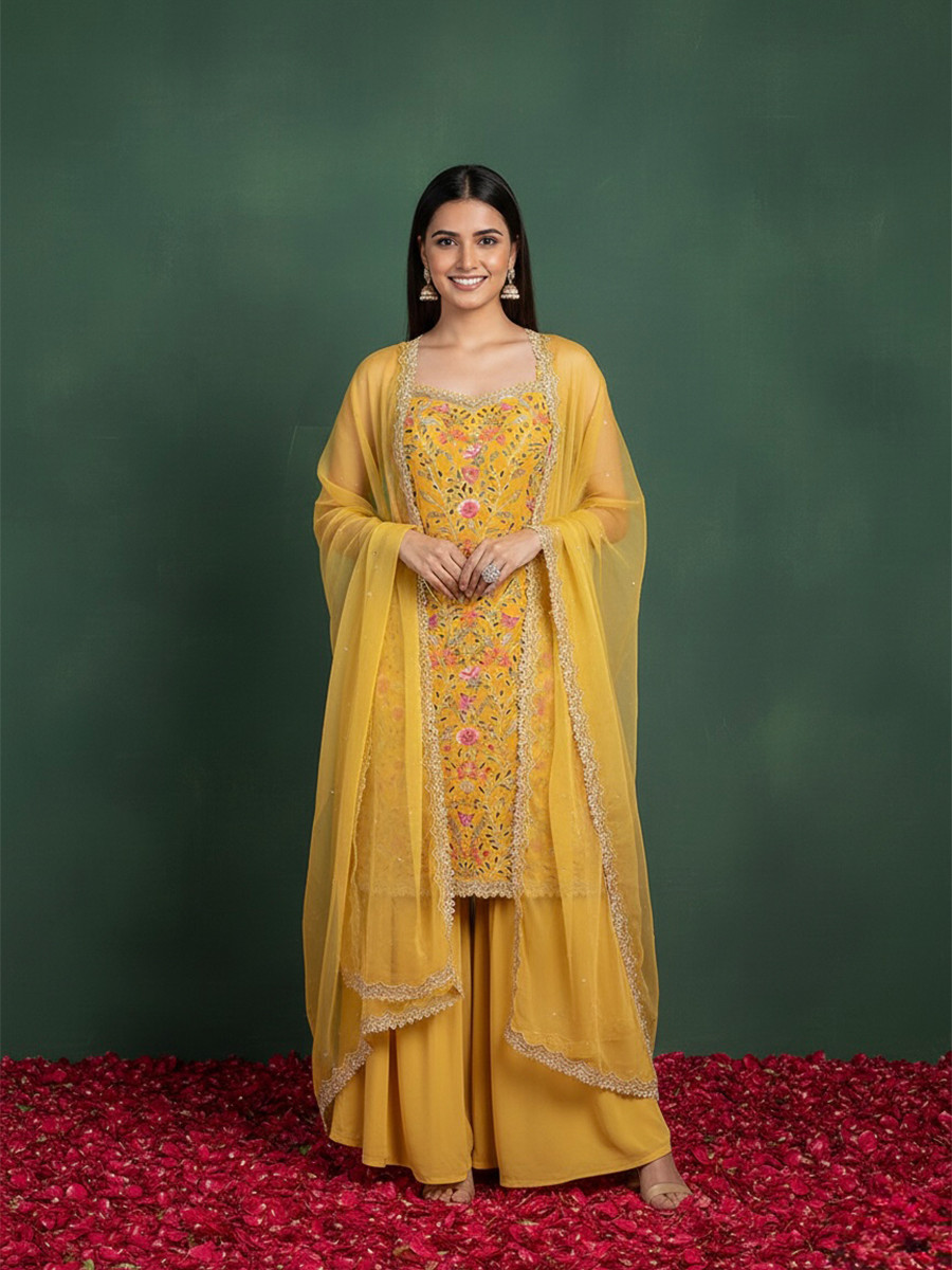 Yellow Georgette Embroidery Lace Work Festival Party Wear Palazzo Pant Salwar Kameez