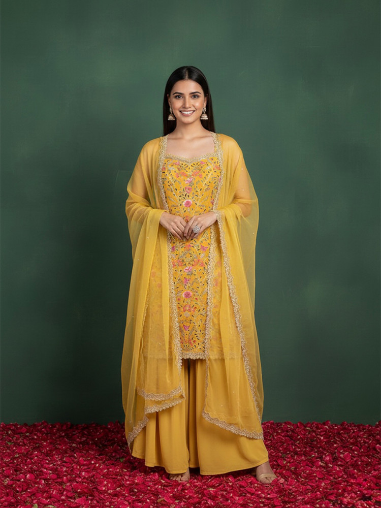 Image of Yellow Georgette Embroidery Lace Work Festival Party Wear Palazzo Pant Salwar Kameez