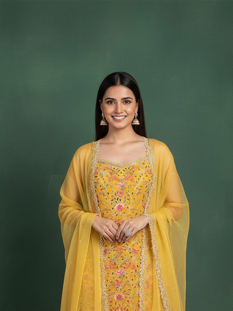 Yellow Georgette Embroidery Lace Work Festival Party Wear Palazzo Pant Salwar Kameez