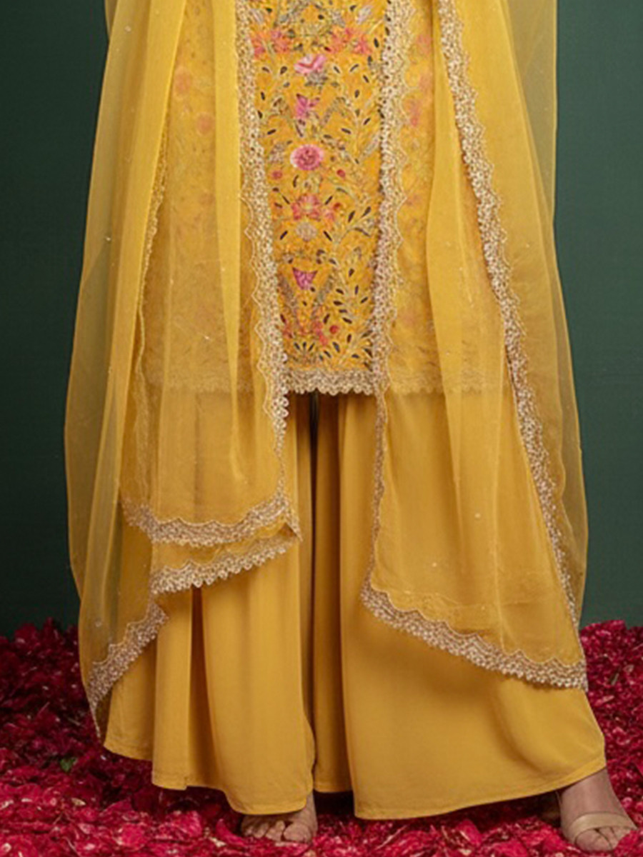 Yellow Georgette Embroidery Lace Work Festival Party Wear Palazzo Pant Salwar Kameez