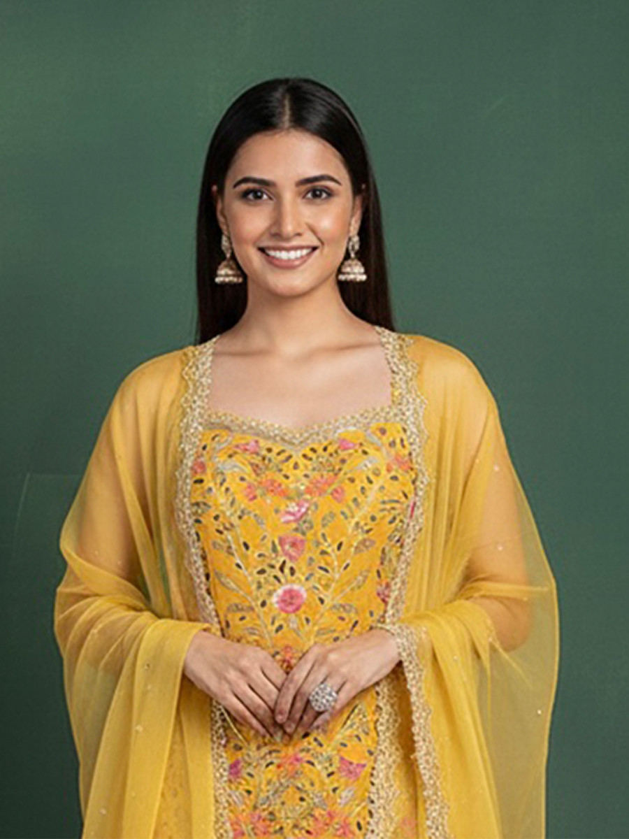 Yellow Georgette Embroidery Lace Work Festival Party Wear Palazzo Pant Salwar Kameez