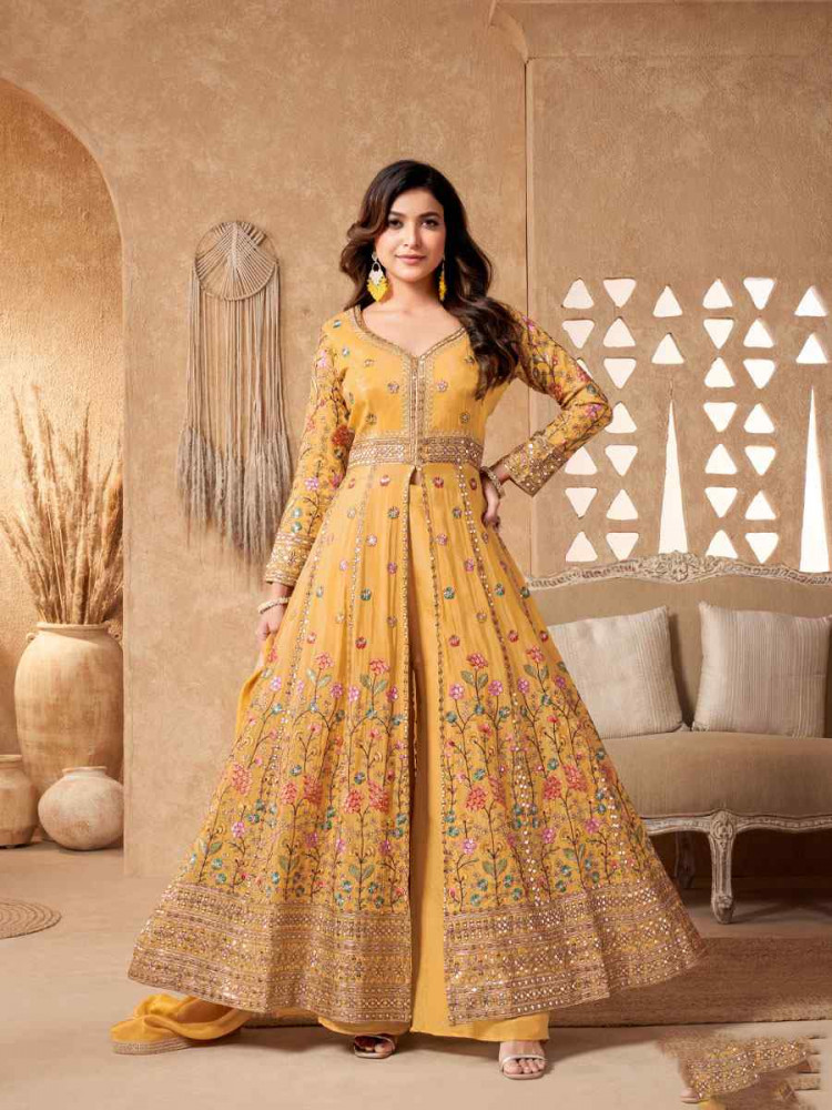 Image of Yellow Georgette Embroidery Party Wedding Festival Casual Ready Lawn Salwar Kameez