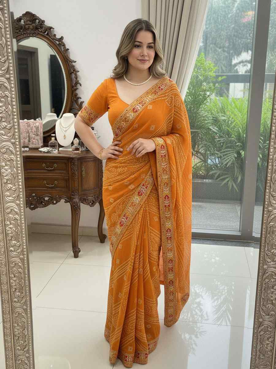 Yellow Georgette Embroidery Printed Casual Reception Festival Wedding Fancy Classic Style Sarees