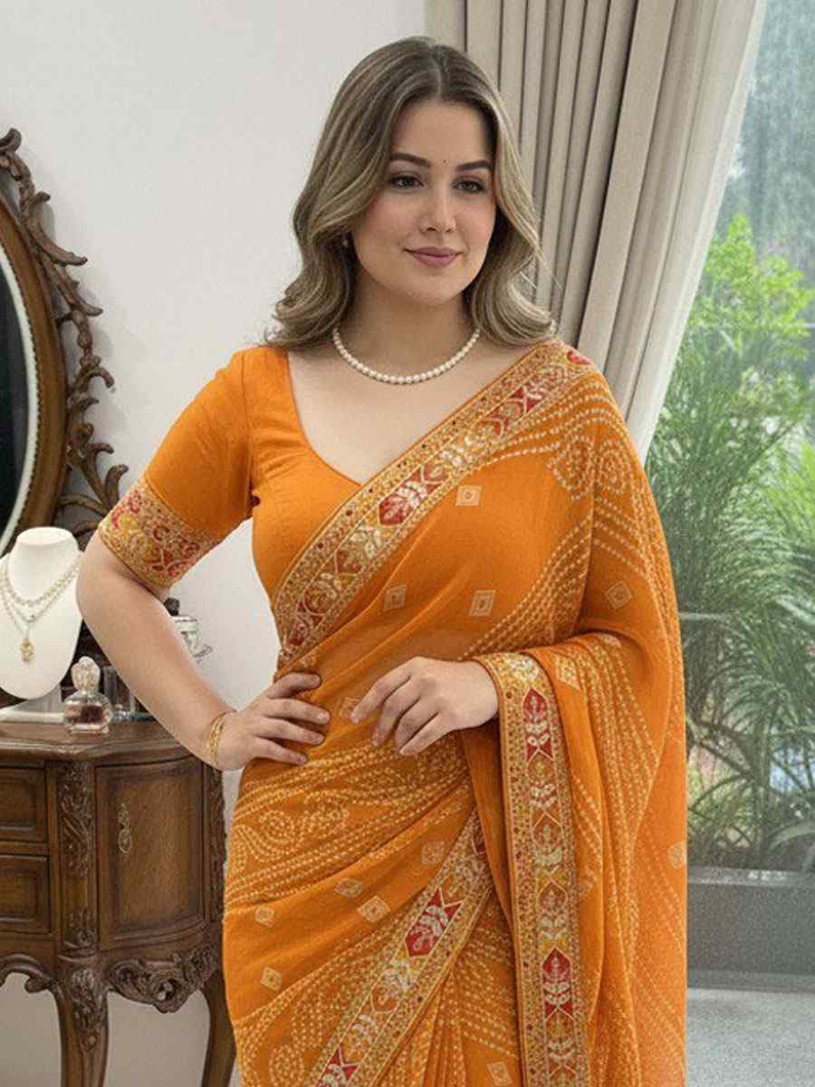 Yellow Georgette Embroidery Printed Casual Reception Festival Wedding Fancy Classic Style Sarees