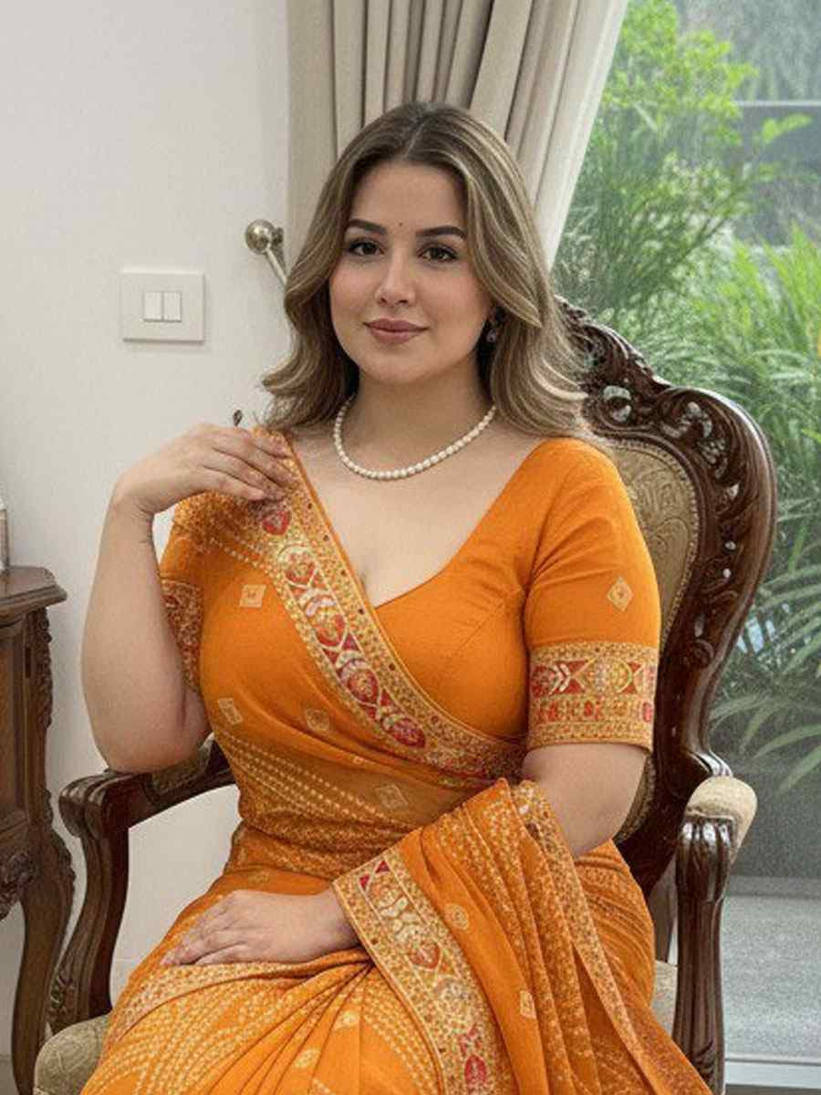 Yellow Georgette Embroidery Printed Casual Reception Festival Wedding Fancy Classic Style Sarees