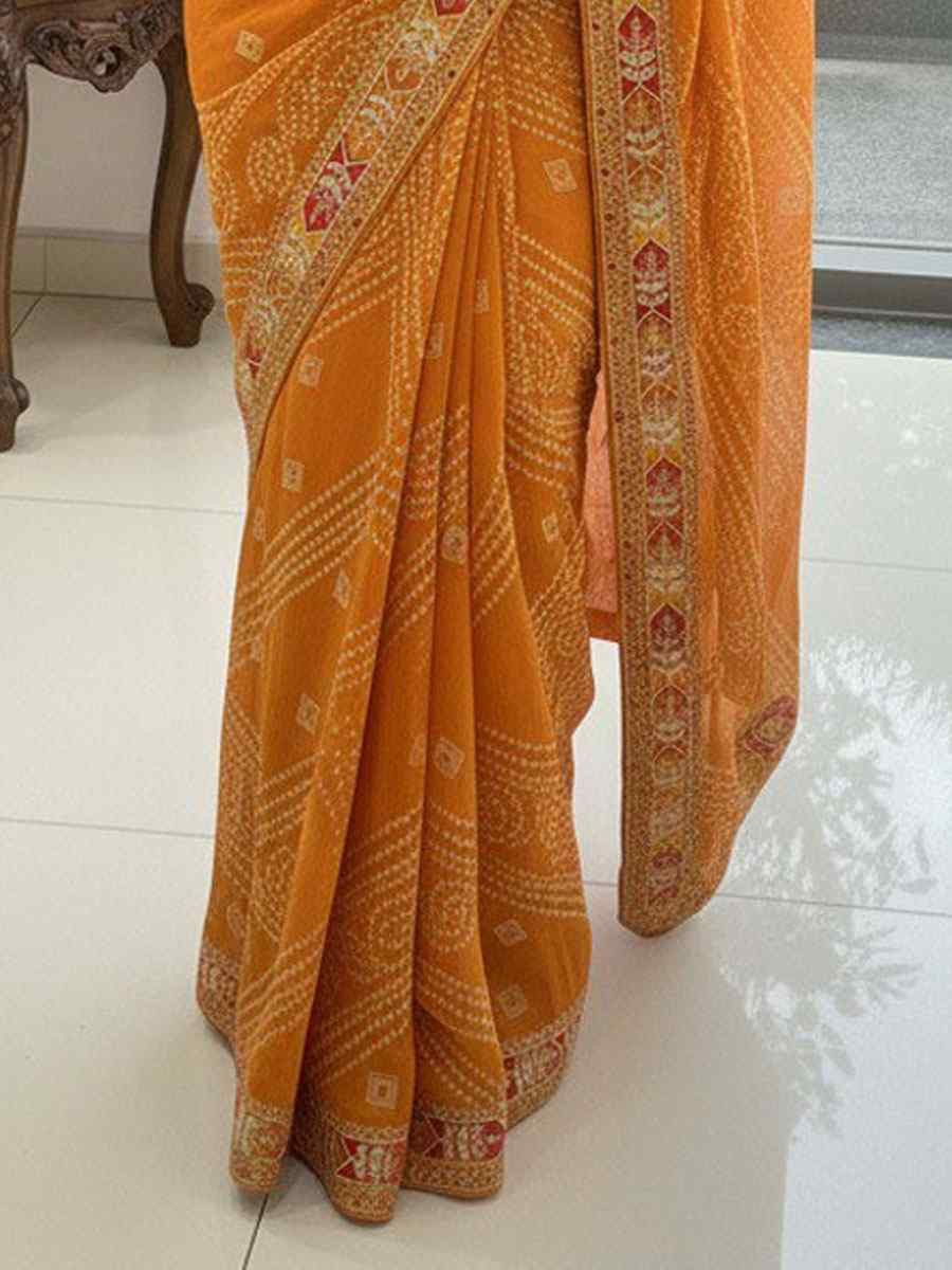 Yellow Georgette Embroidery Printed Casual Reception Festival Wedding Fancy Classic Style Sarees