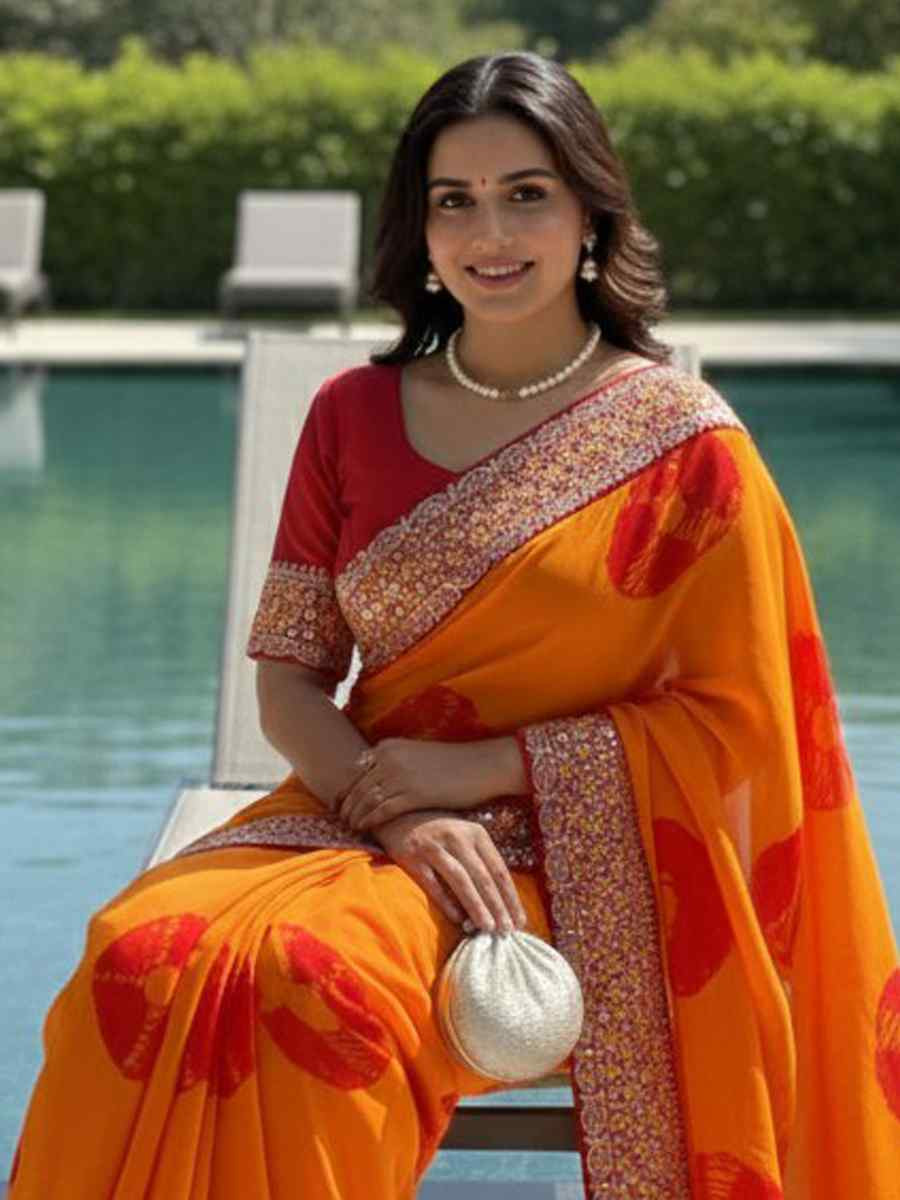 Yellow Georgette Embroidery Printed Casual Reception Festival Wedding Fancy Heavy Border Sarees