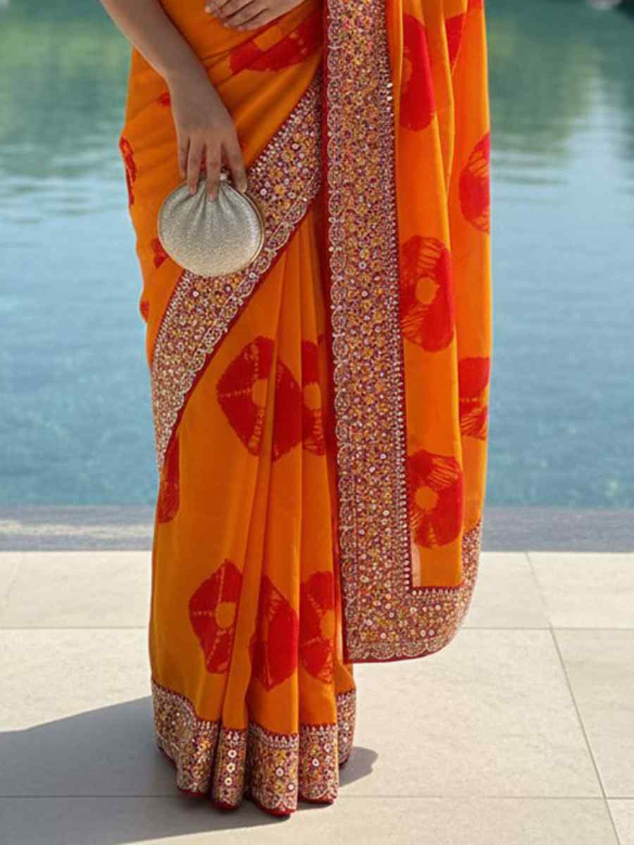 Yellow Georgette Embroidery Printed Casual Reception Festival Wedding Fancy Heavy Border Sarees