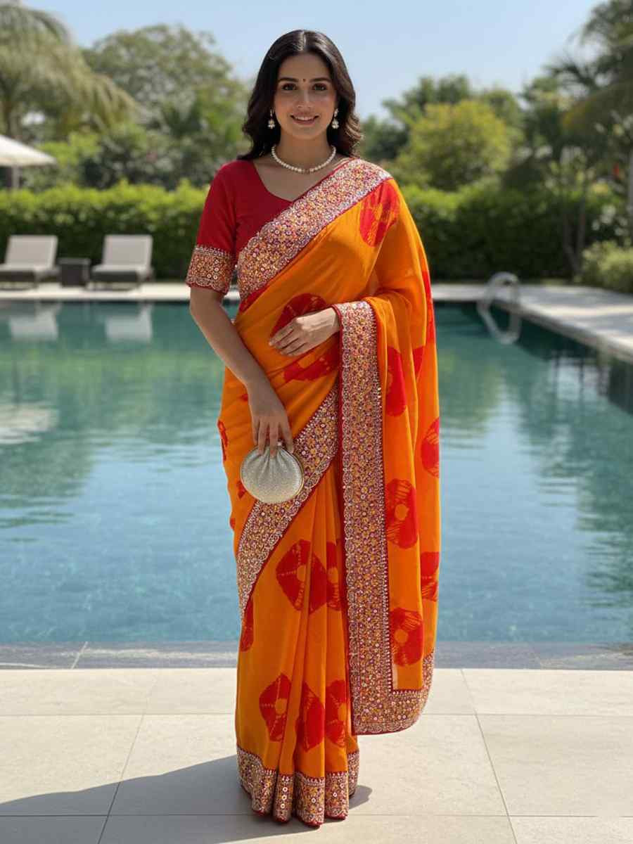 Yellow Georgette Embroidery Printed Casual Reception Festival Wedding Fancy Heavy Border Sarees