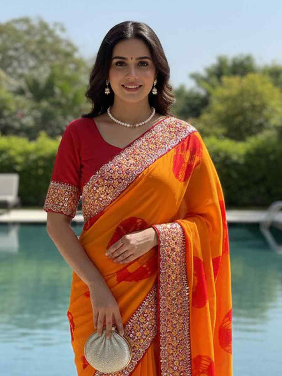 Yellow Georgette Embroidery Printed Casual Reception Festival Wedding Fancy Heavy Border Sarees
