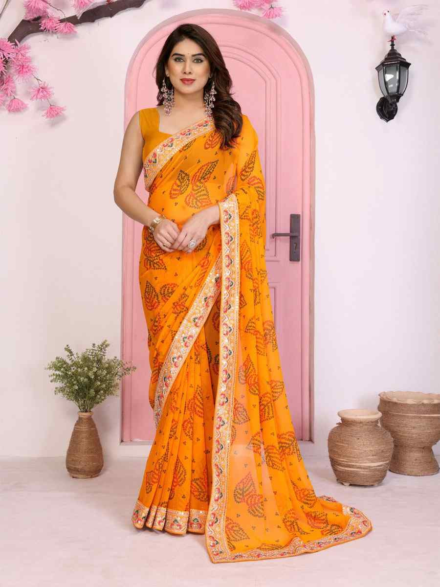 Yellow Georgette Embroidery Printed Traditional Bridal Reception Festival Wedding Fancy Heavy Border Saree