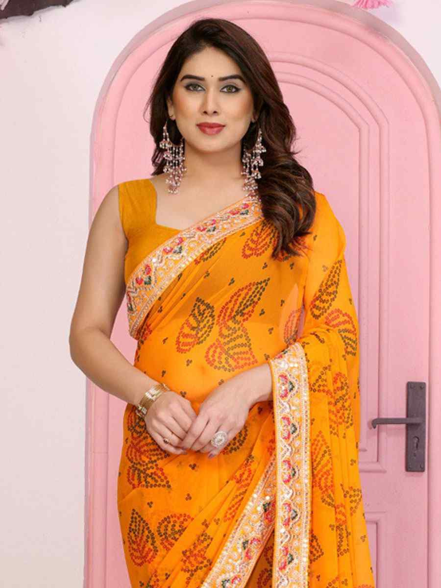 Yellow Georgette Embroidery Printed Traditional Bridal Reception Festival Wedding Fancy Heavy Border Saree