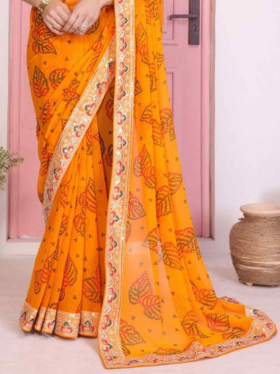 Yellow Georgette Embroidery Printed Traditional Bridal Reception Festival Wedding Fancy Heavy Border Saree