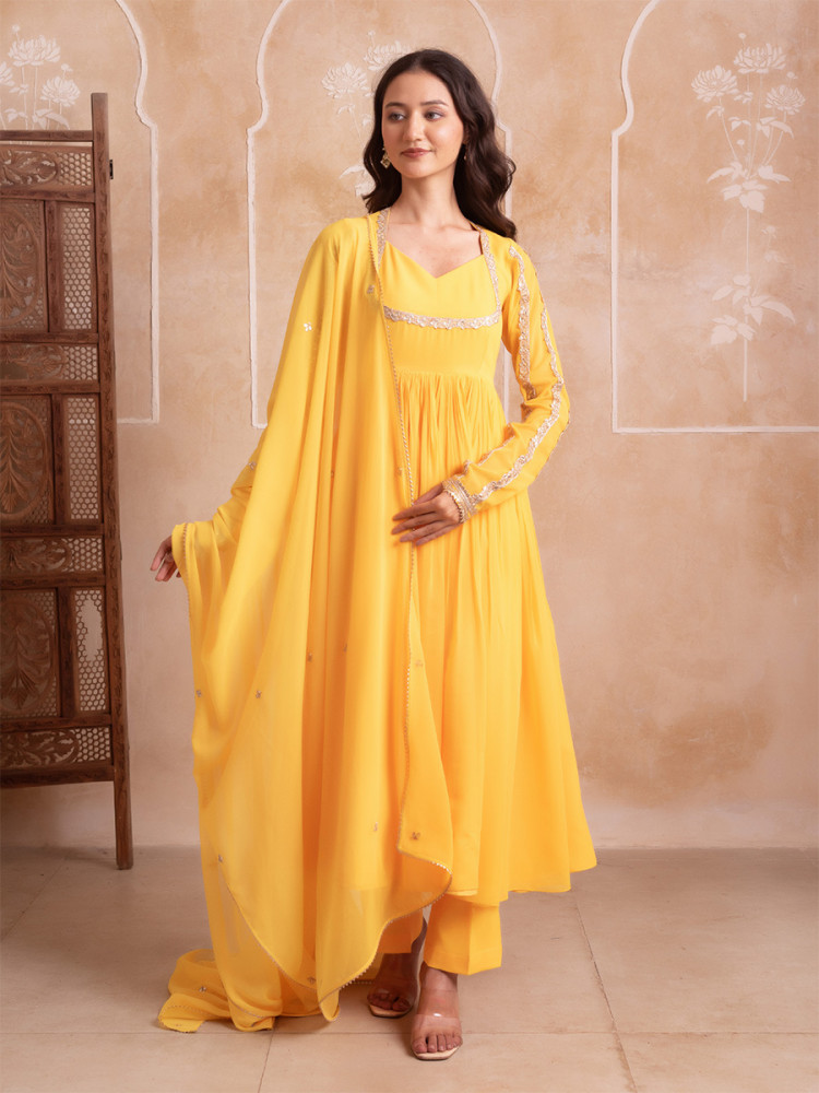 Image of Yellow Georgette Embroidery Wedding Party Festival Casual Ready Anarkali Pant Salwar Kameez