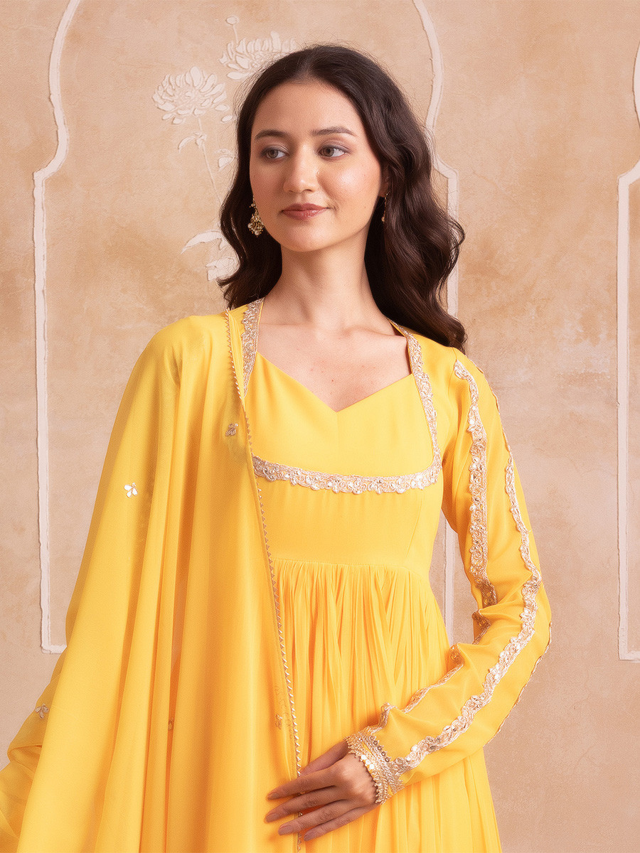 Yellow Georgette Embroidery Wedding Party Festival Casual Ready Anarkali Pant Salwar Kameez