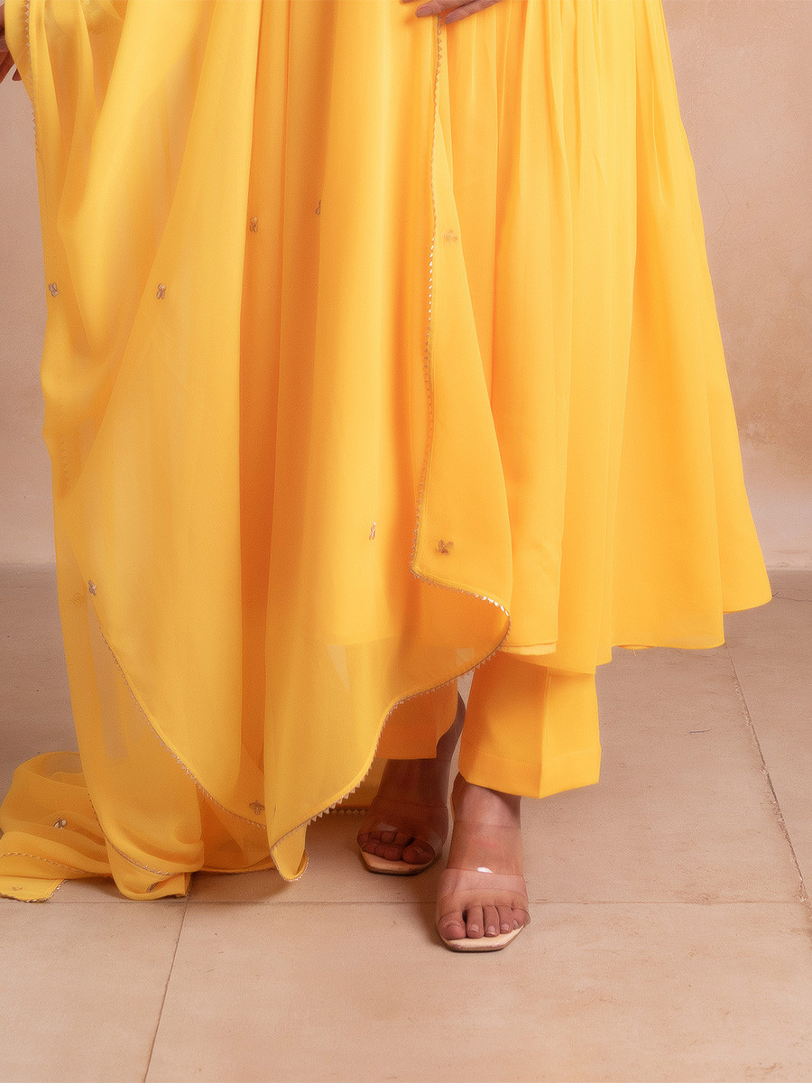 Yellow Georgette Embroidery Wedding Party Festival Casual Ready Anarkali Pant Salwar Kameez