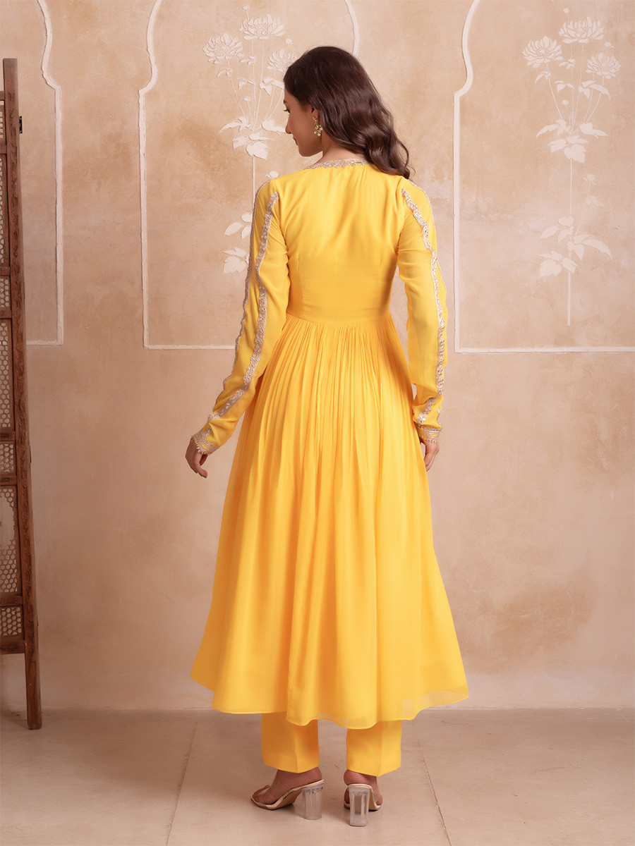 Yellow Georgette Embroidery Wedding Party Festival Casual Ready Anarkali Pant Salwar Kameez