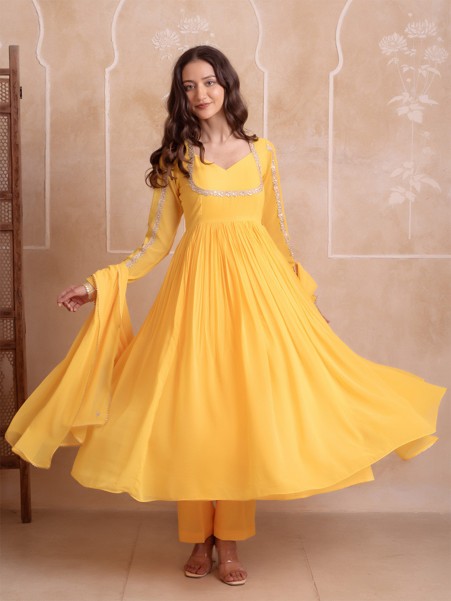 Yellow Georgette Embroidery Wedding Party Festival Casual Ready Anarkali Pant Salwar Kameez