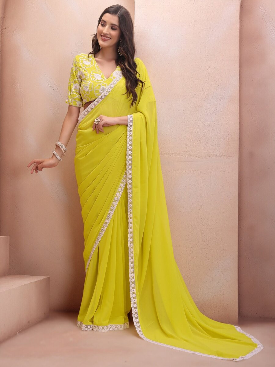 Yellow Georgette Embroidery Wedding Reception Party Festival Casual Classic Style Sarees