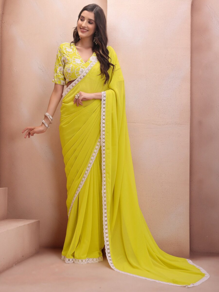 Image of Yellow Georgette Embroidery Wedding Reception Party Festival Casual Classic Style Sarees