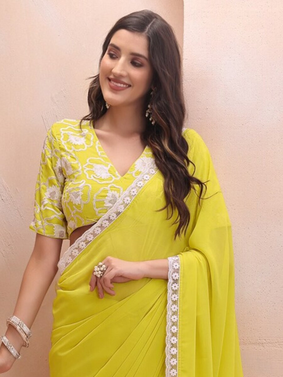 Yellow Georgette Embroidery Wedding Reception Party Festival Casual Classic Style Sarees