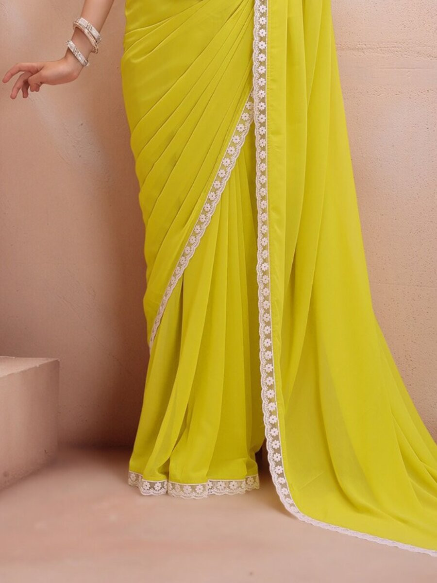 Yellow Georgette Embroidery Wedding Reception Party Festival Casual Classic Style Sarees
