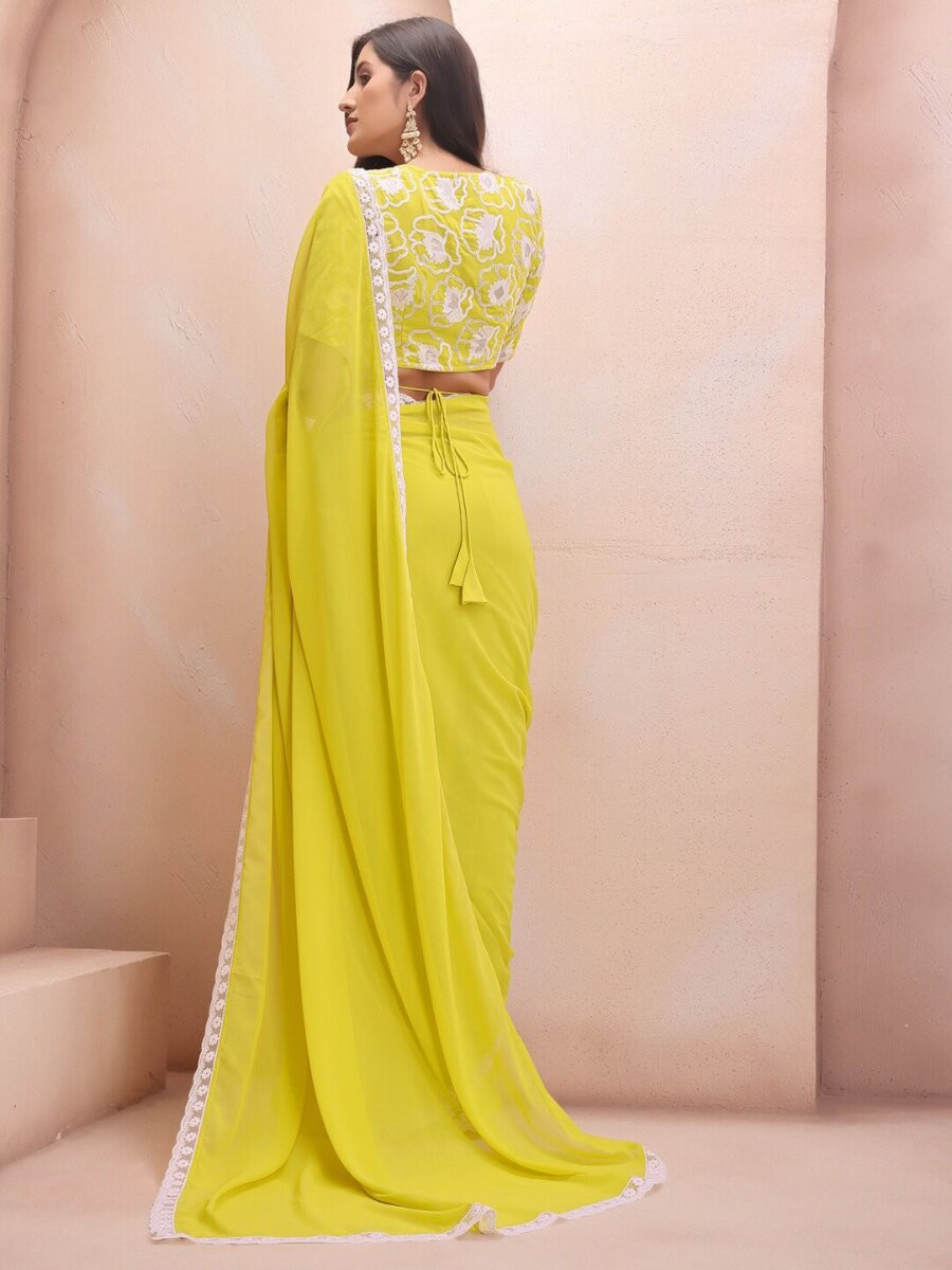 Yellow Georgette Embroidery Wedding Reception Party Festival Casual Classic Style Sarees