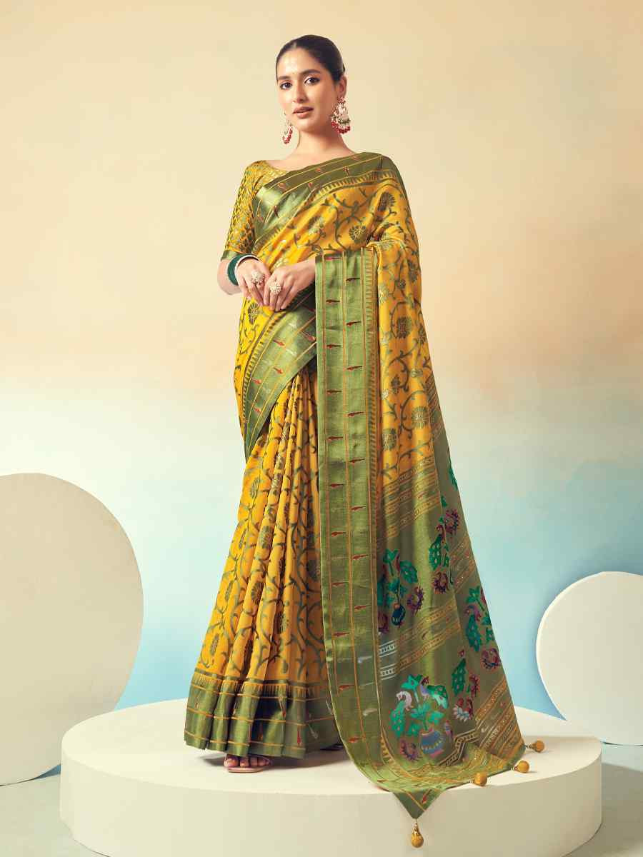 Yellow Georgette Handwoven Festival Wedding Fancy Heavy Border Saree
