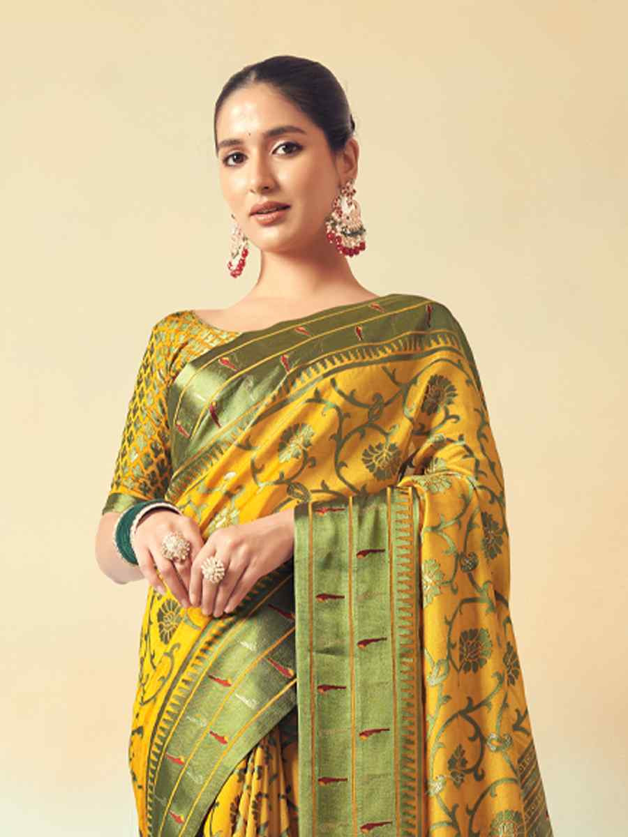 Yellow Georgette Handwoven Festival Wedding Fancy Heavy Border Saree