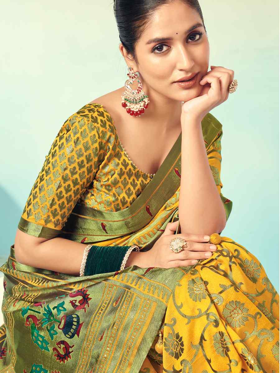 Yellow Georgette Handwoven Festival Wedding Fancy Heavy Border Saree