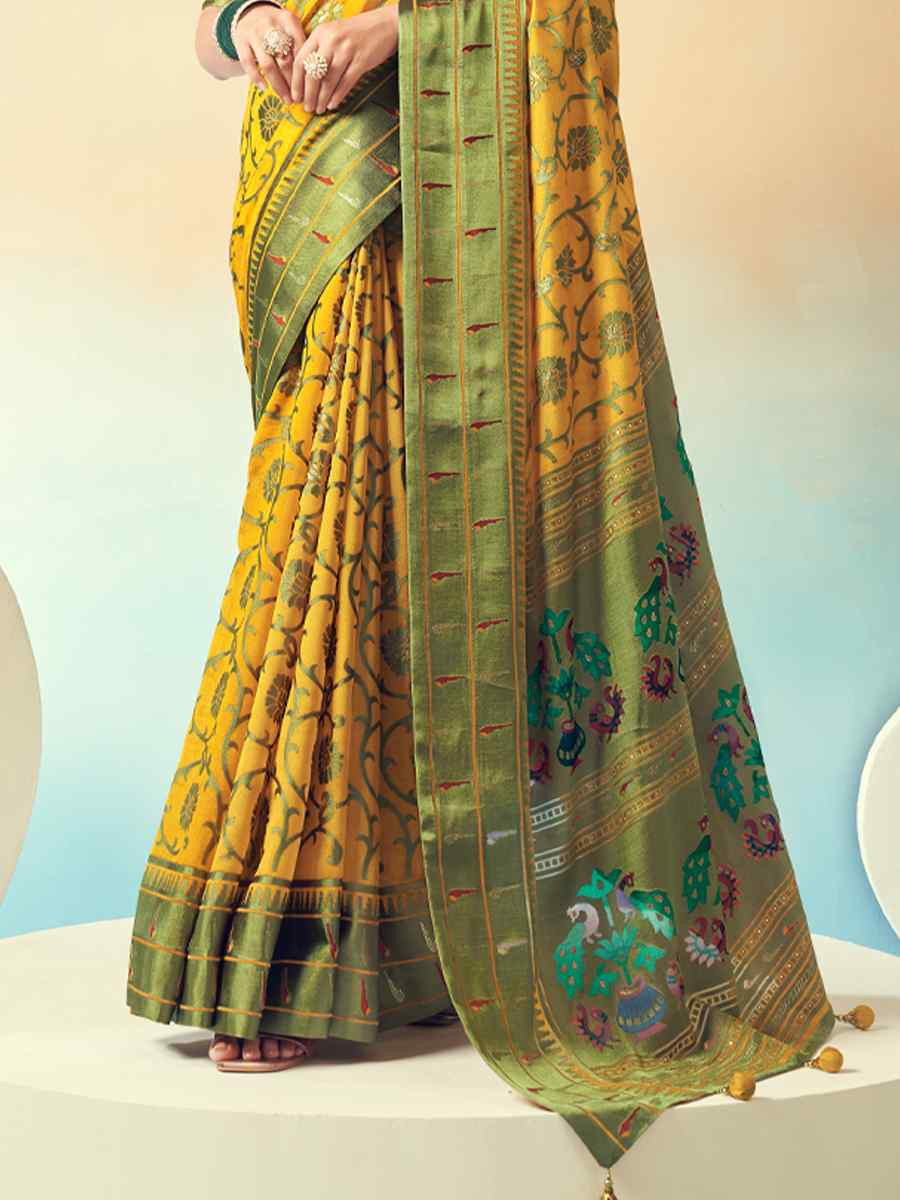 Yellow Georgette Handwoven Festival Wedding Fancy Heavy Border Saree