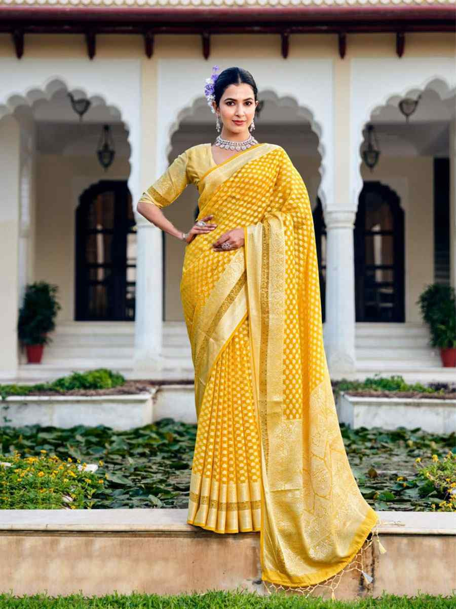 Yellow Georgette Handwoven Zari Bridal Reception Festival Wedding Fancy Heavy Border Saree