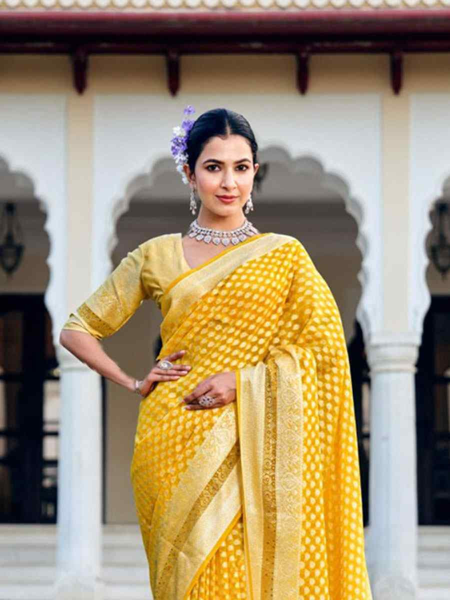 Yellow Georgette Handwoven Zari Bridal Reception Festival Wedding Fancy Heavy Border Saree