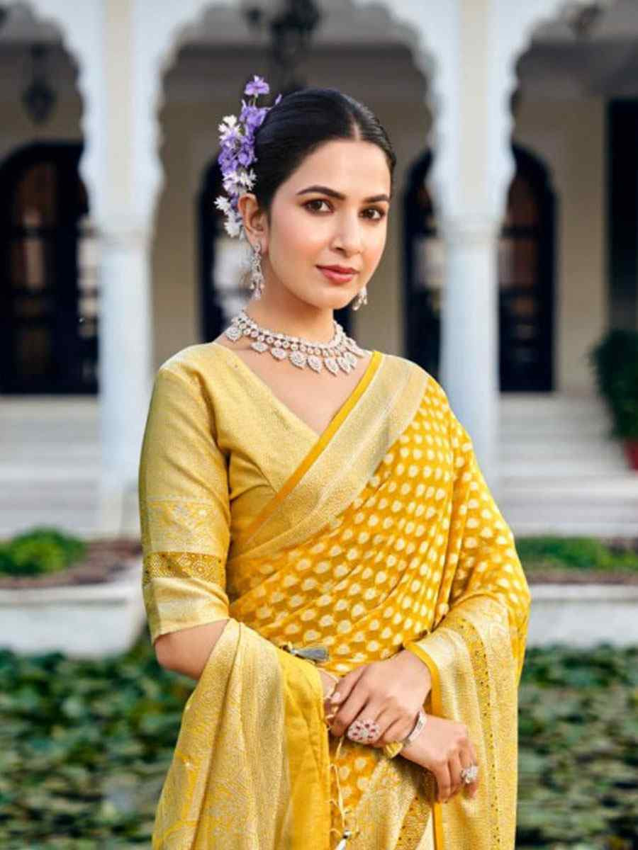 Yellow Georgette Handwoven Zari Bridal Reception Festival Wedding Fancy Heavy Border Saree